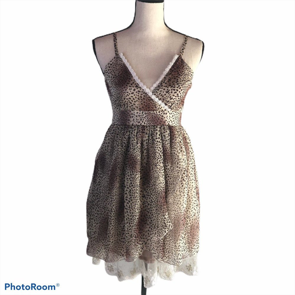 MUMU HOME SLEEVELESS LEOPARD PRINT A LINE LAYERED LACE HEM DRESS SIZE 160 SMALL